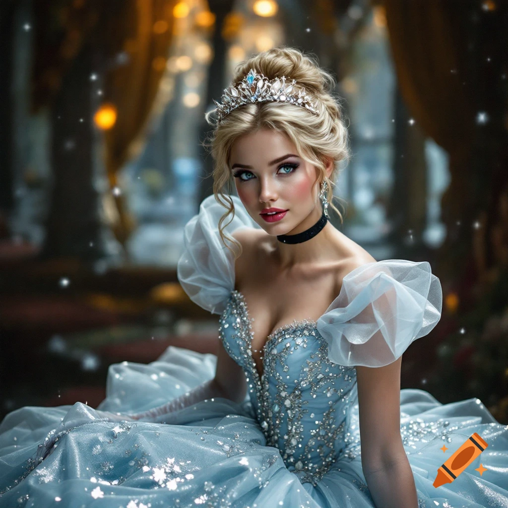 Portrait of a woman in a sparkling blue ball gown and tiara, like Cinderella.