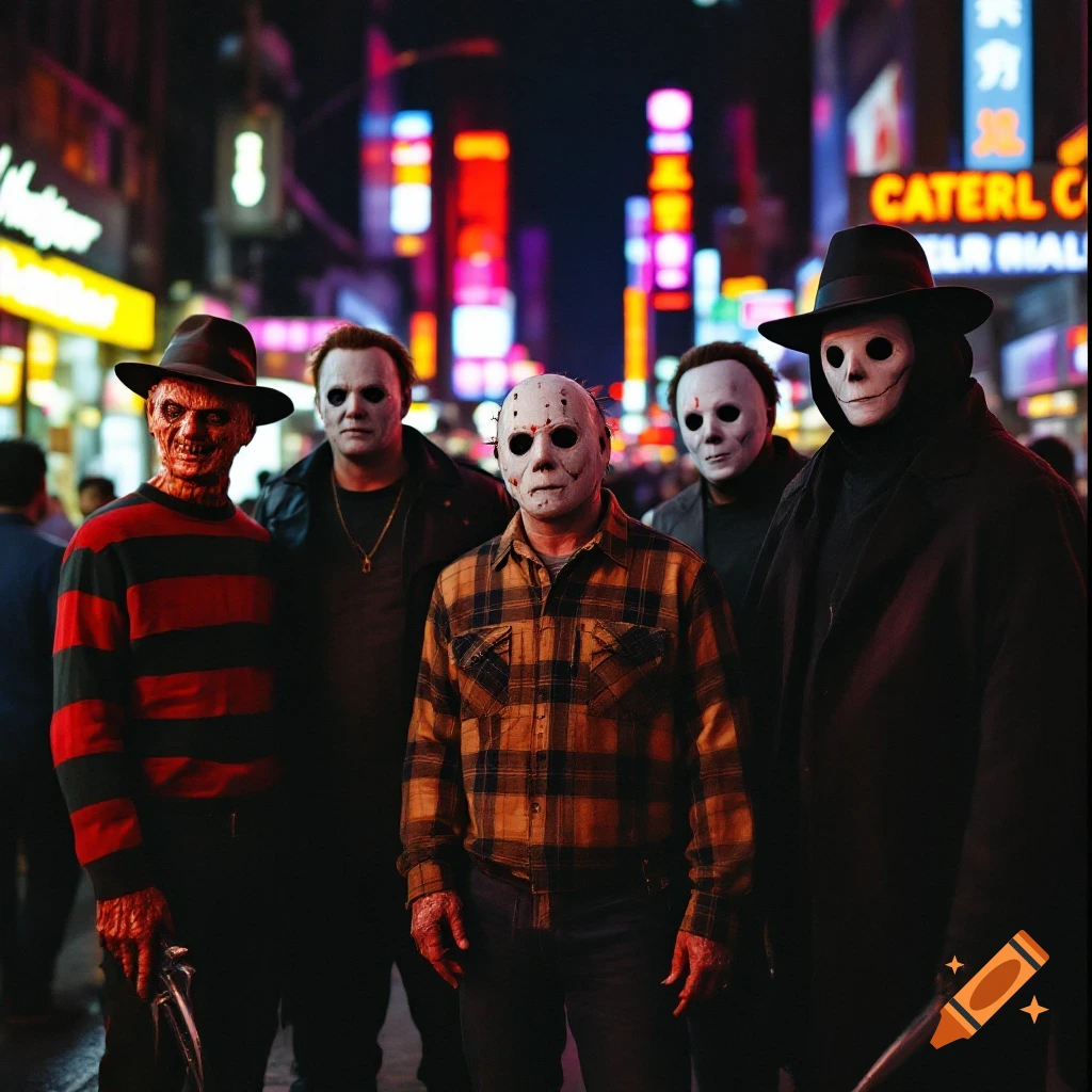Freddy Kreuger, Jason Vorhees, Michael Myers, Pinhead, Chuck, and The Crypt Keeper in a neon-lit futuristic street