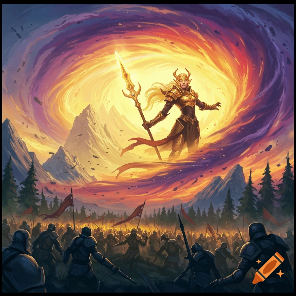A large armored fantasy warrior holding a spear stands above an army with mountains and a dramatic sky.