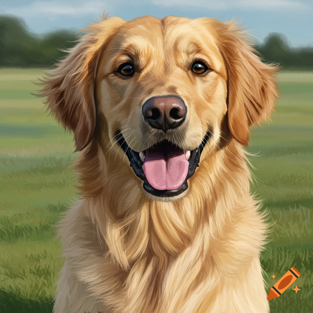 Close-up of a golden retriever dog looking at the camera in a field