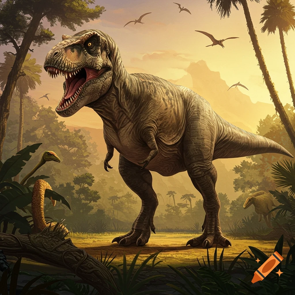 A large T-Rex roars in a prehistoric jungle scene with smaller dinosaurs and pterodactyls flying.