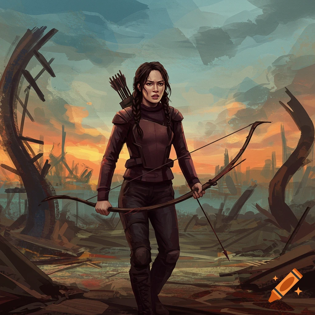 Woman with a bow and arrows standing in a ruined city at sunset.