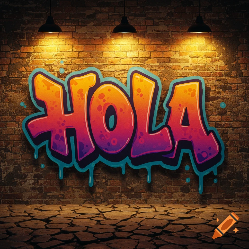 Graffiti of the word HOLA on a brick wall lit by three lamps