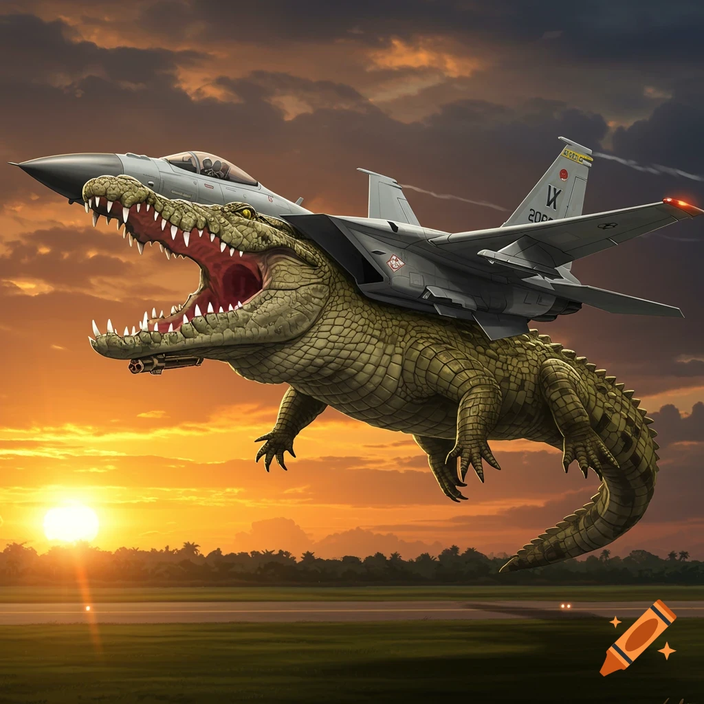 A large crocodile flying with a fighter jet mounted on its back over a landscape at sunset.