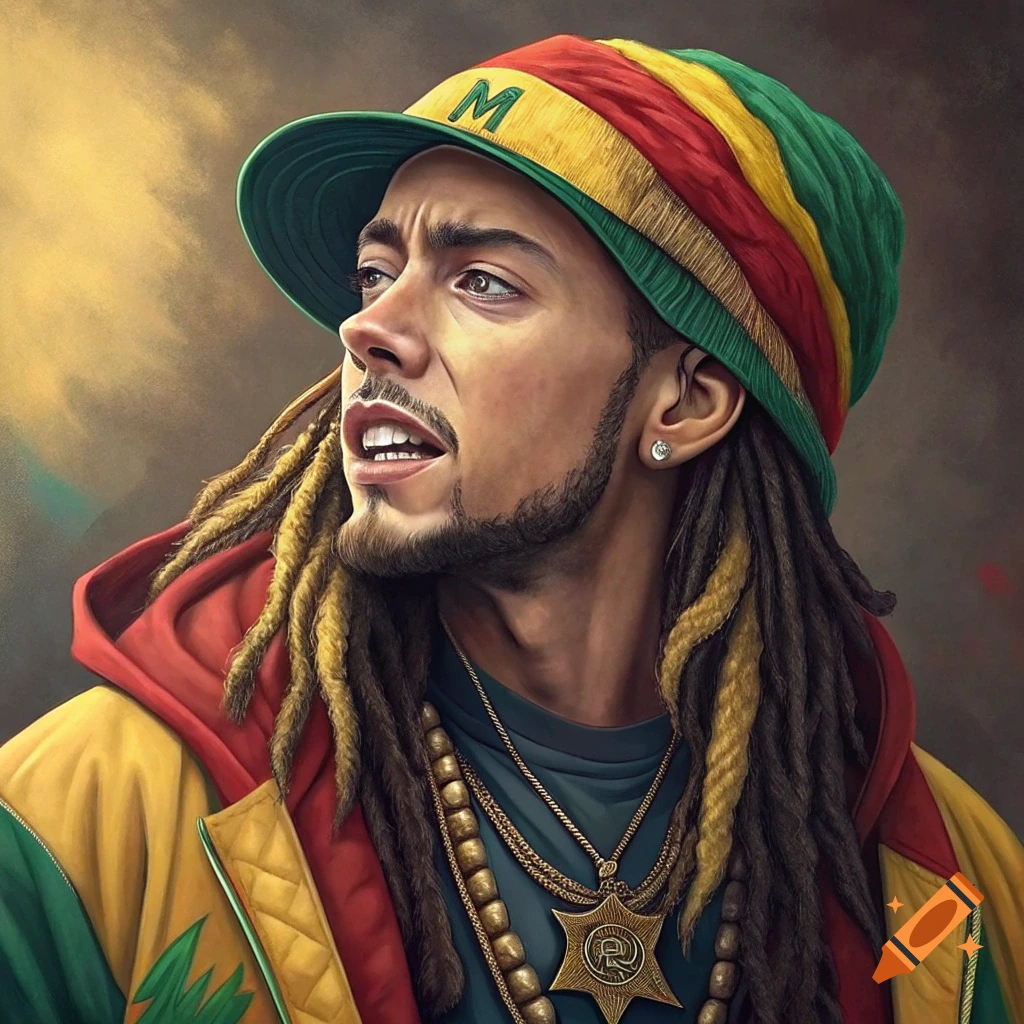 Painting of a person with dreadlocks, wearing a red, yellow, green hat, a colorful jacket, and necklaces.