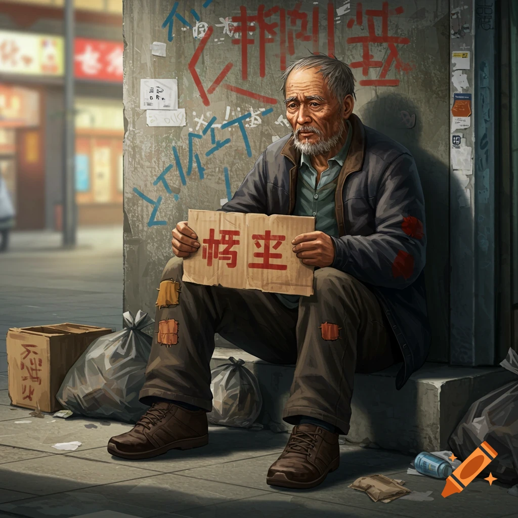 An old Chinese man sitting on a street curb with a sign, surrounded by bags and graffiti.