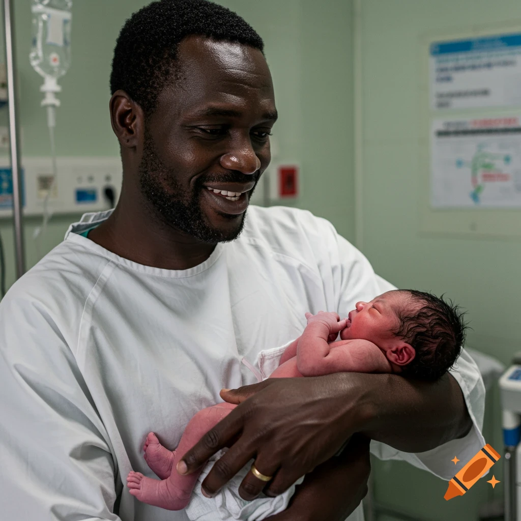 A Black man in a medical gown holds a newborn baby in a hospital room, smiling.