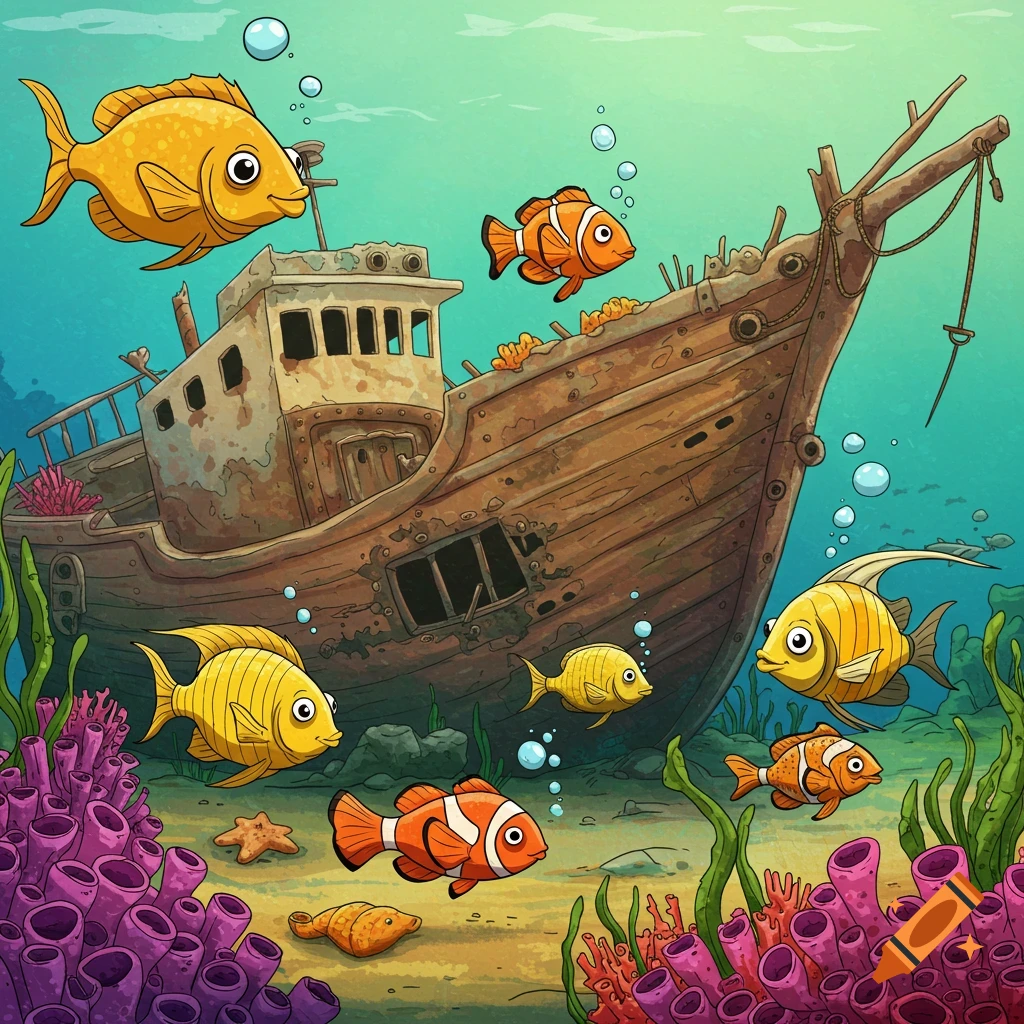 Cartoon underwater scene with colorful fish, coral, and a shipwreck.