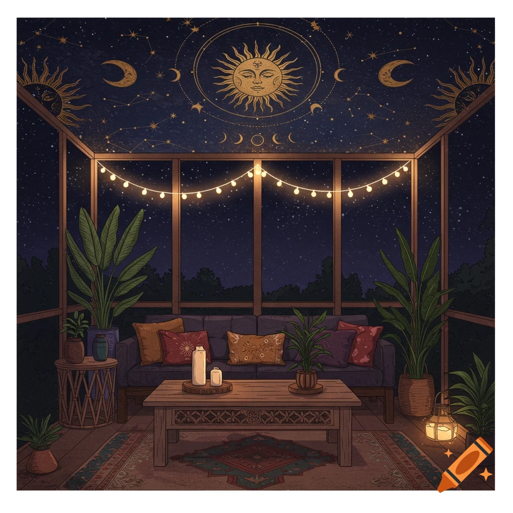 A screen patio with celestial decor, plants, string lights, and bohemian style seating.