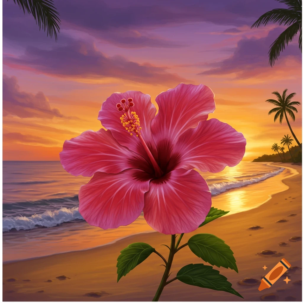 Pink hibiscus flower on a beach at sunset