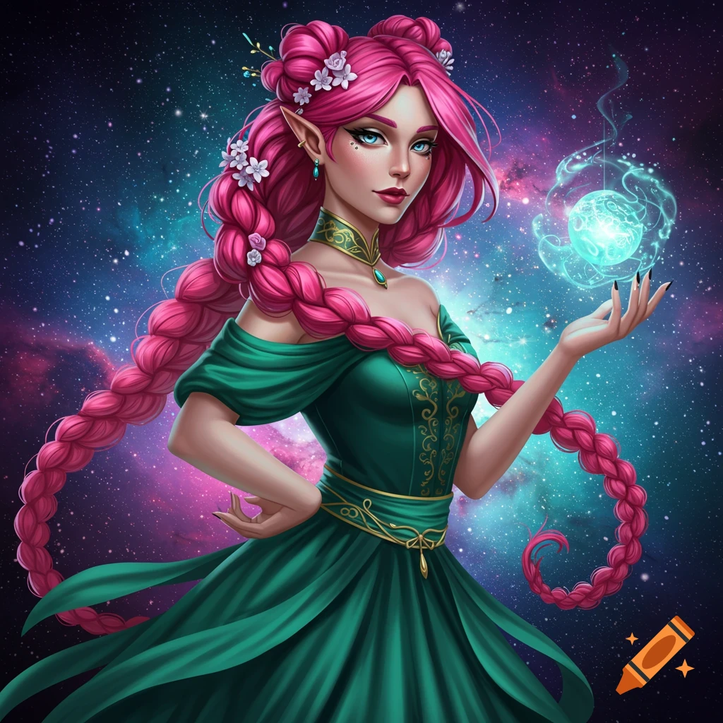A fantasy woman with pink braided hair, green dress, holding a glowing orb in a space background.