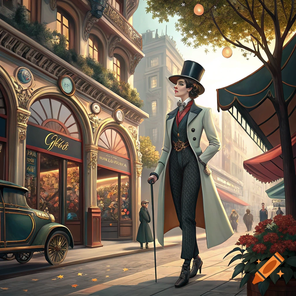 Steampunk-style person with top hat and cane walks past a shop on a city street with a vintage car.