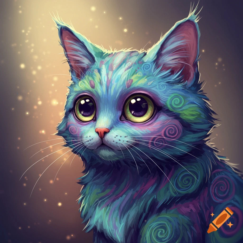 A colorful, stylized cat with large eyes and swirling fur patterns.