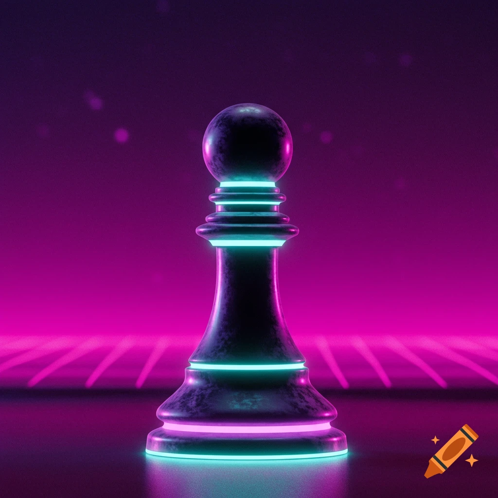 A neon synthwave style chess pawn with teal and pink lights on a dark surface.
