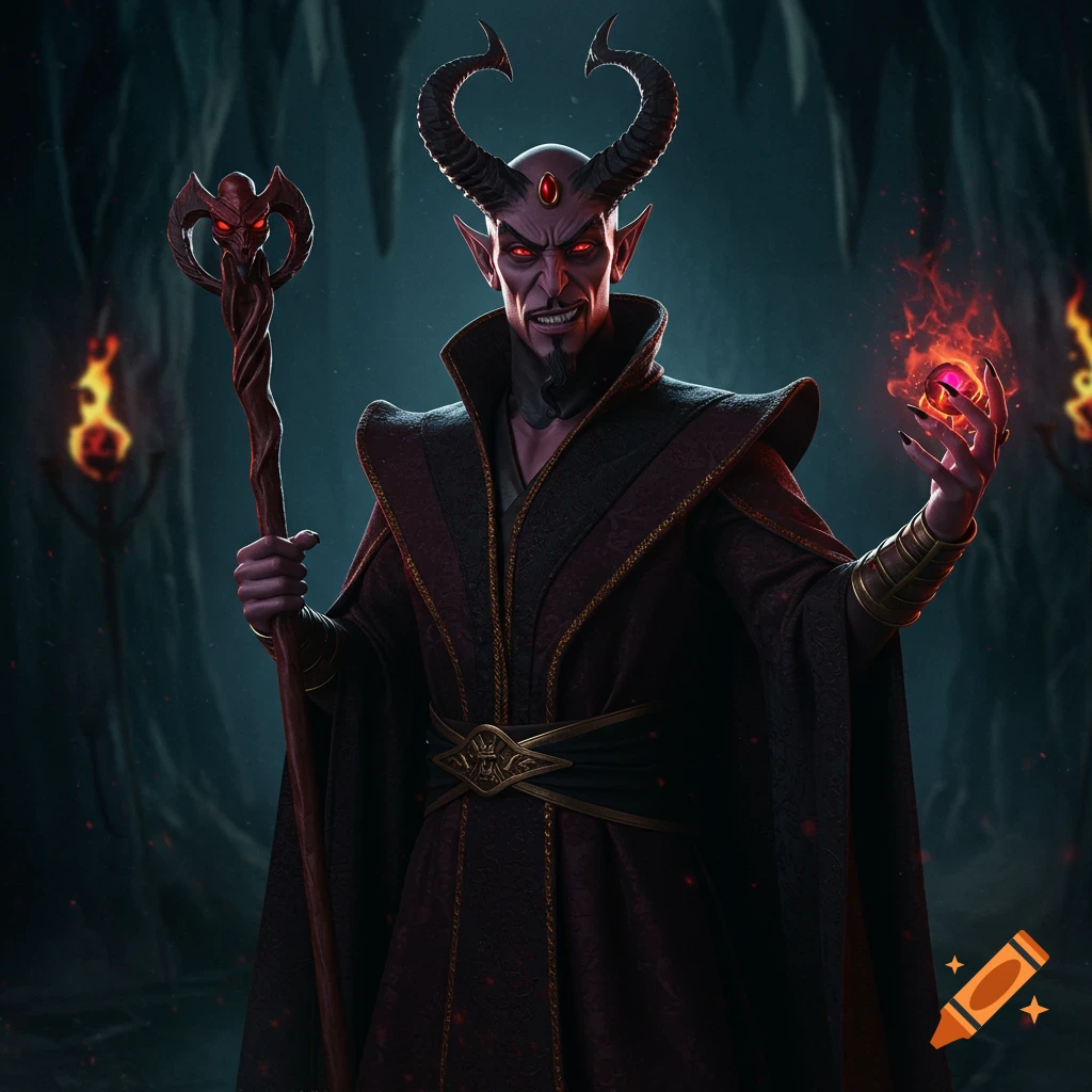 Fantasy portrait of a horned demon-like figure in dark robes holding a staff and glowing orb in a cave.