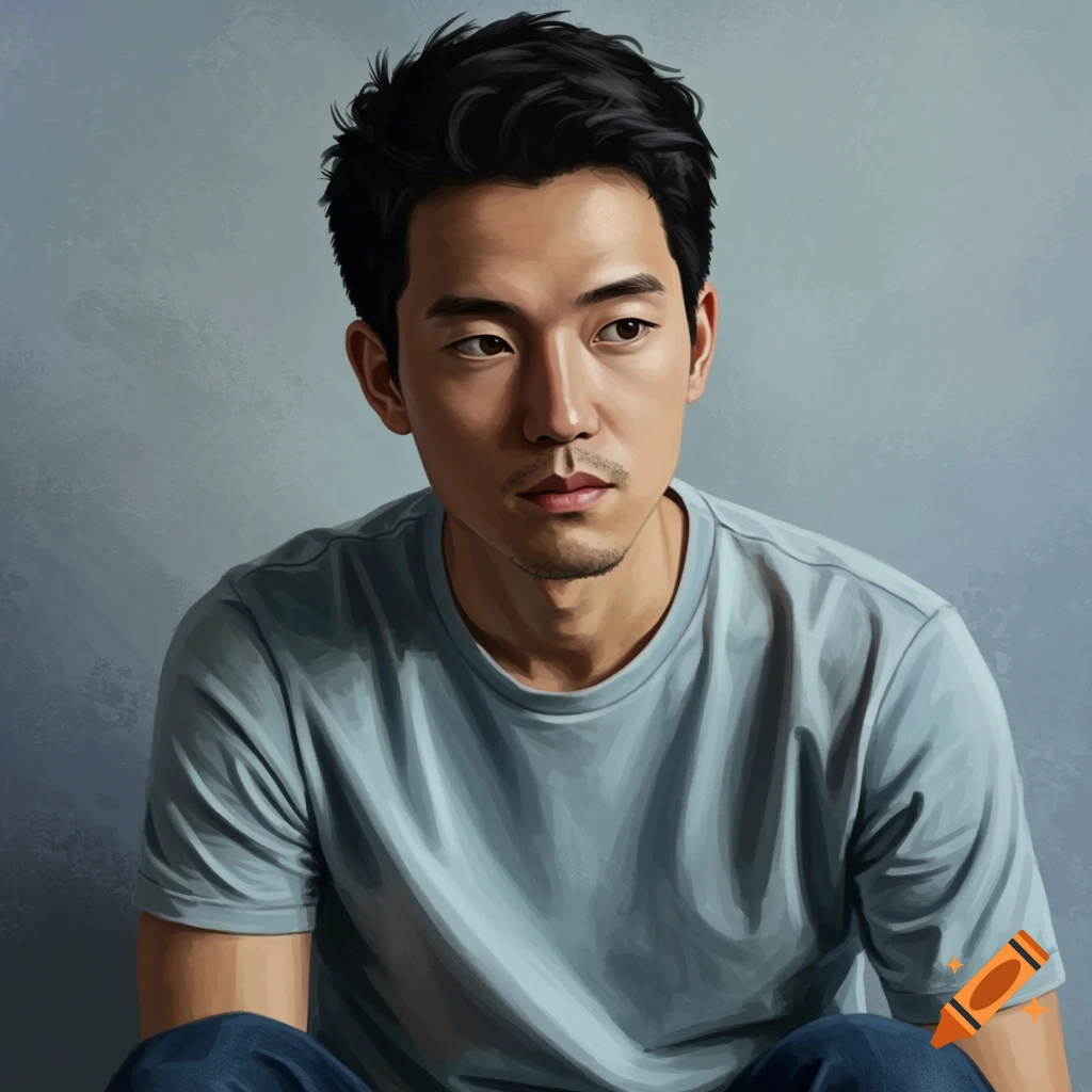 A young Asian man in a blue t-shirt, looking thoughtful.