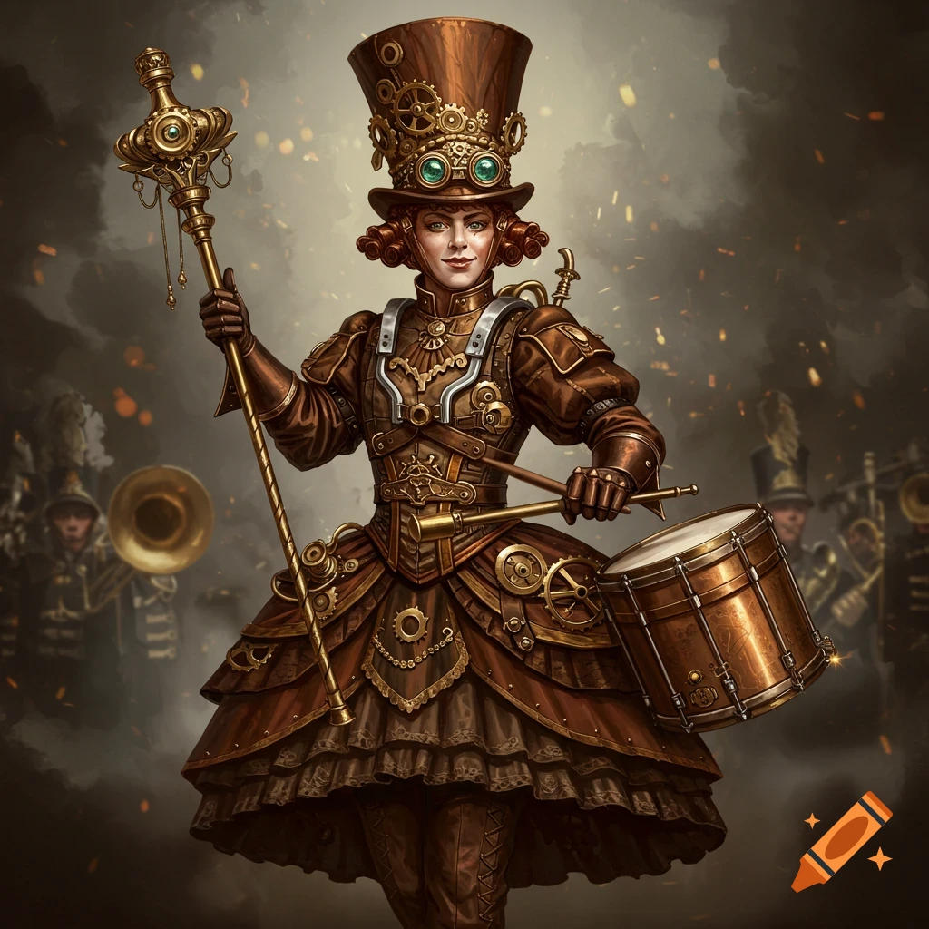 A woman in steampunk marching band attire holds a drum and staff.