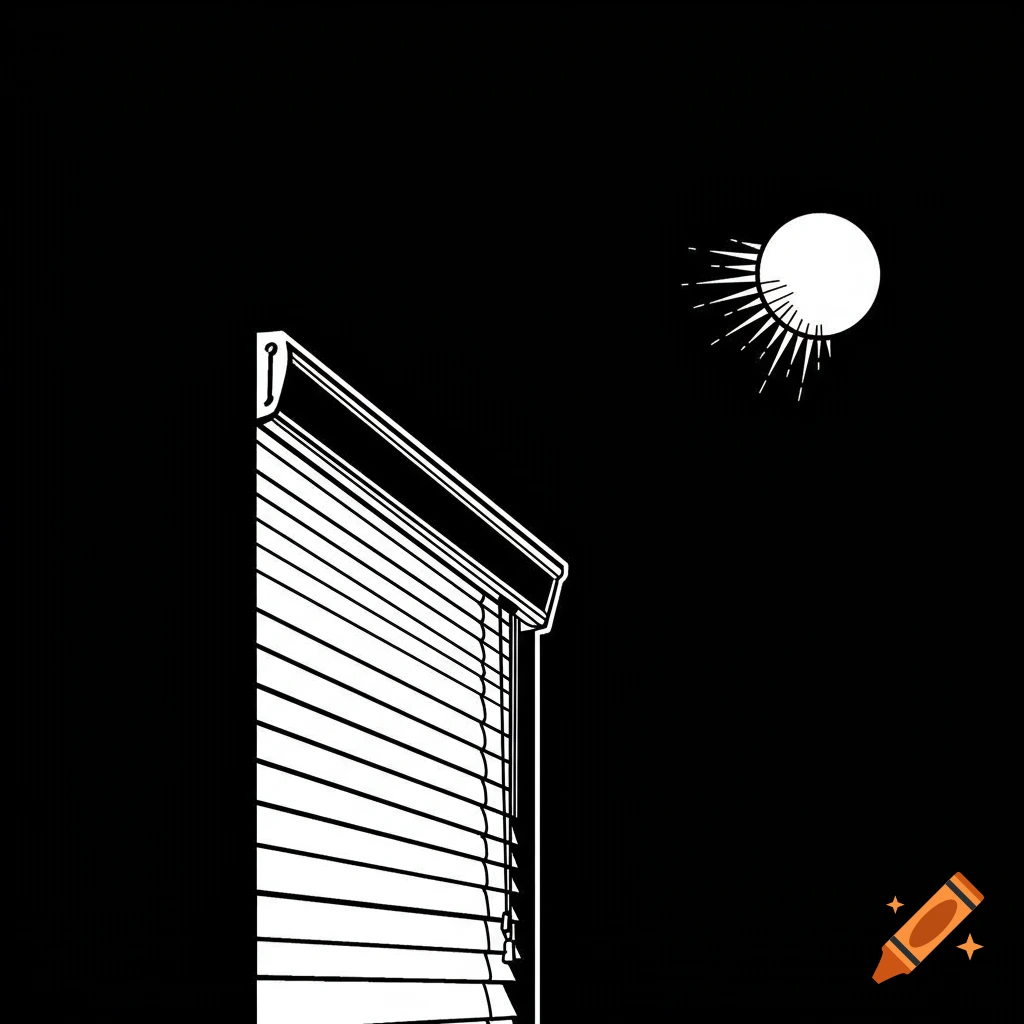 White blinds on the right, a white sun on the left, against a black background.