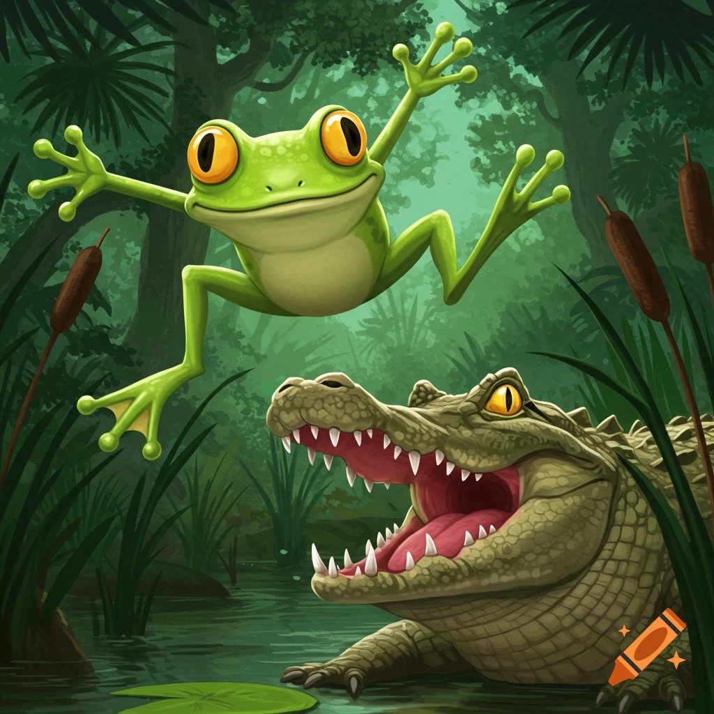 A cartoon frog leaps over an alligator in a jungle swamp.