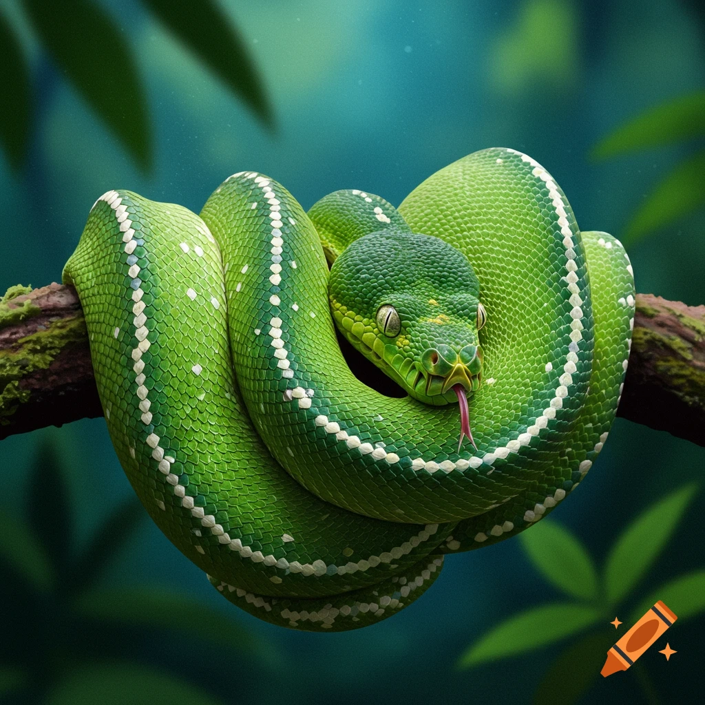 A green snake is coiled on a branch in a jungle.