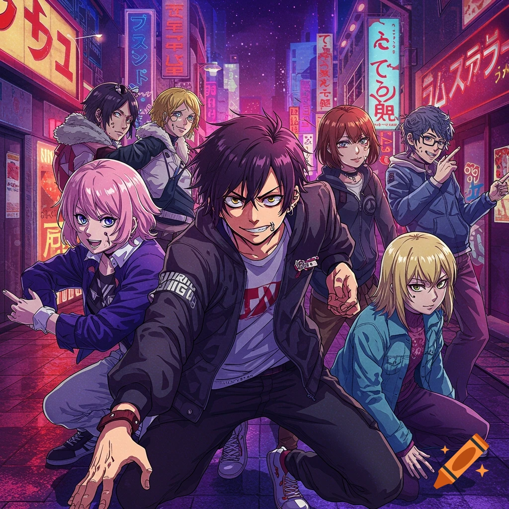 Group of anime characters posing in a neon-lit cyberpunk city street.