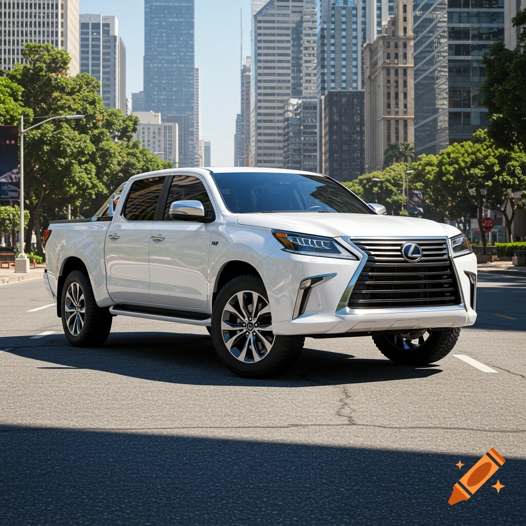White Lexus pickup truck on a city street with tall buildings in the background