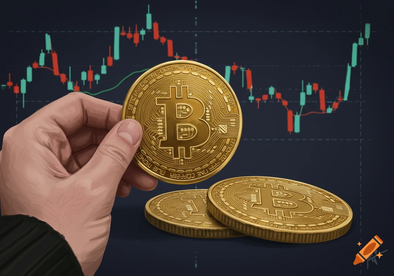 A hand holds a large gold Bitcoin coin in front of a stock chart. Other Bitcoin coins are on the surface below.