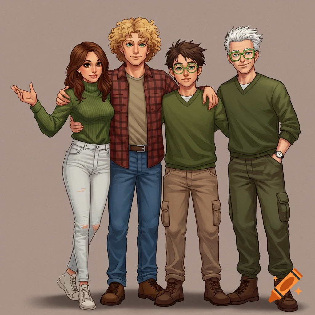 Four people, a woman, a man with curly hair, a young man with glasses, and an older man, posing together.