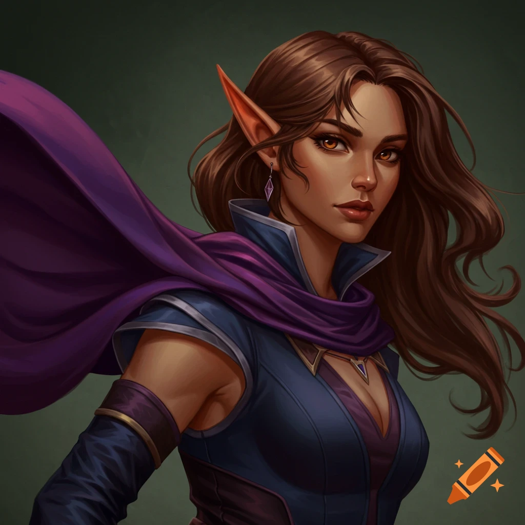 A female fantasy character with long brown hair, a purple cape, and blue clothing.