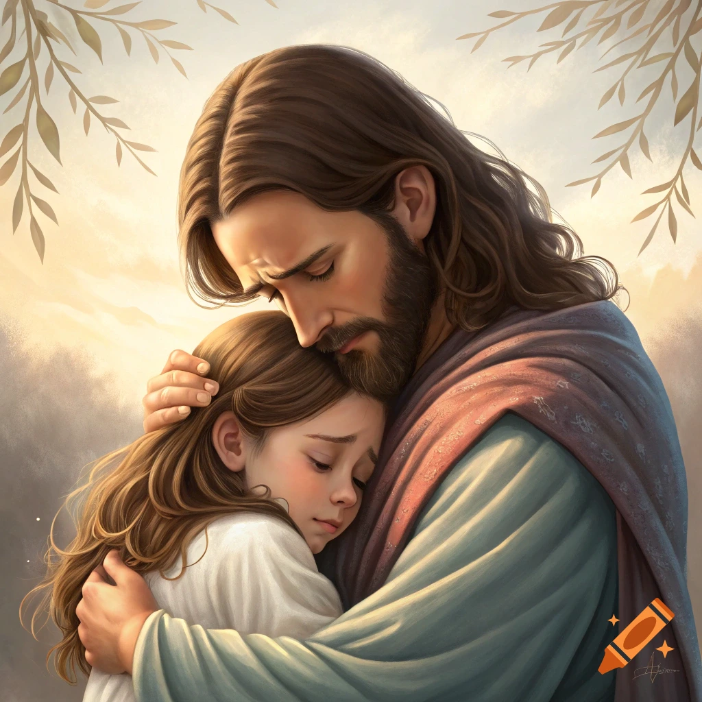 Illustration of Jesus hugging a crying young girl
