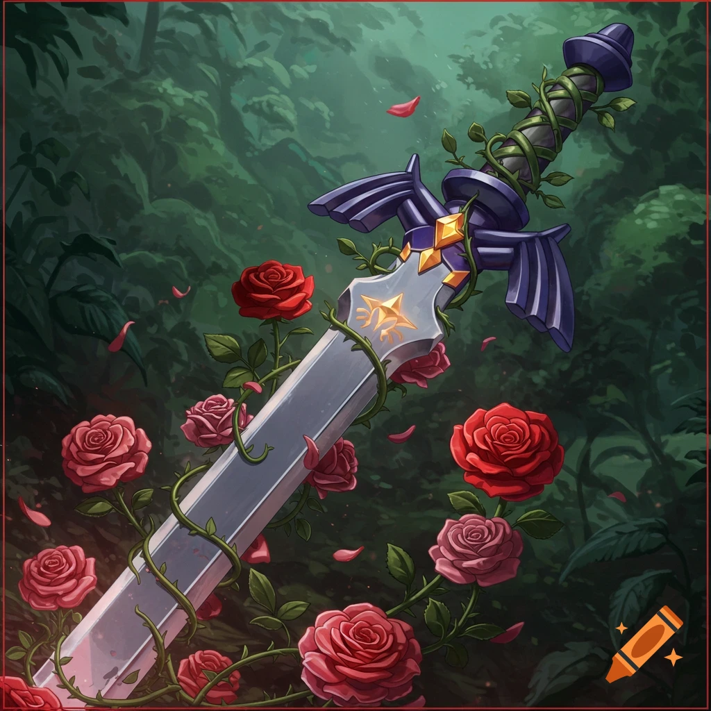 The Master Sword from Zelda is wrapped in vines and roses in a forest.