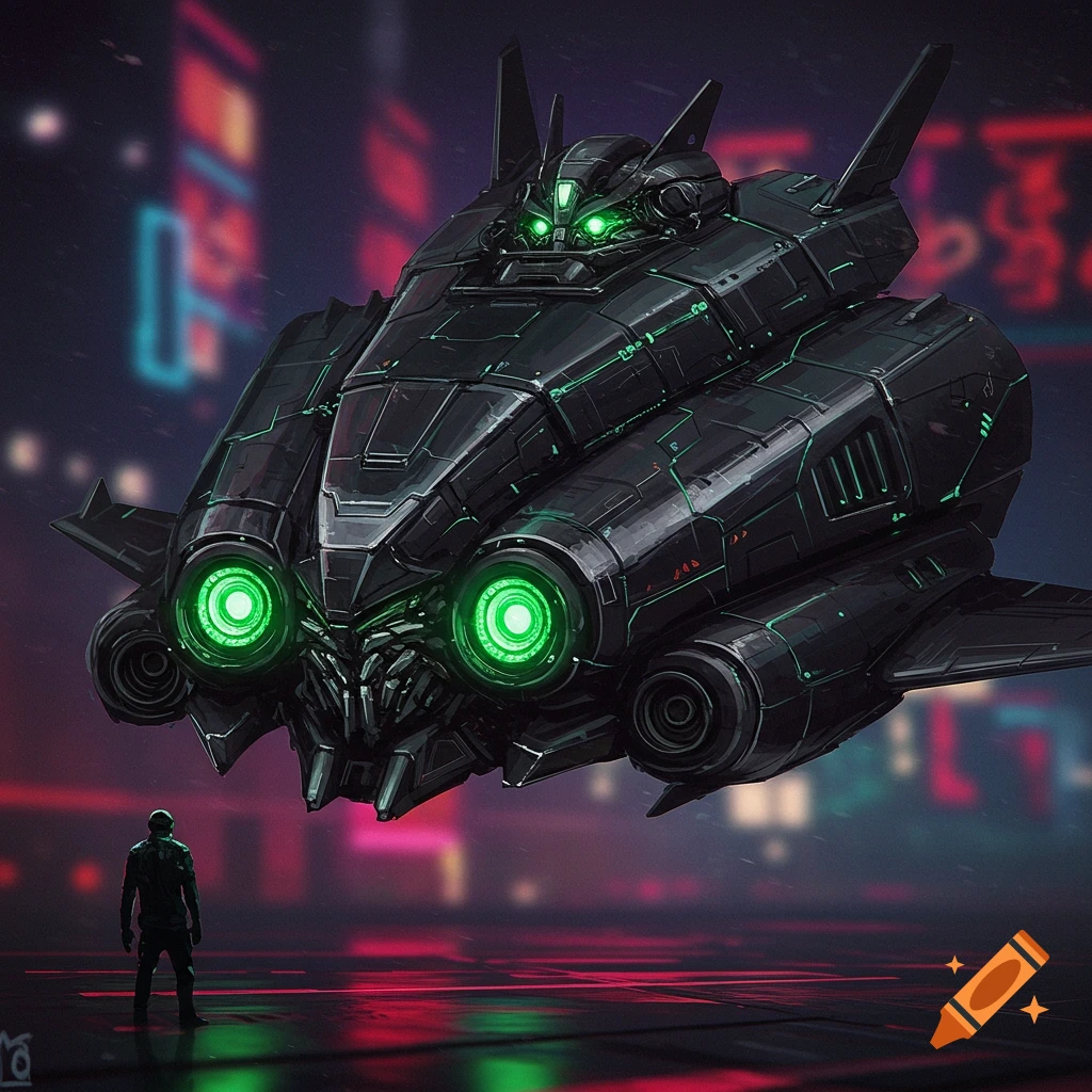A large black spaceship with green lights hovers over a futuristic city at night, a person looks up at it.