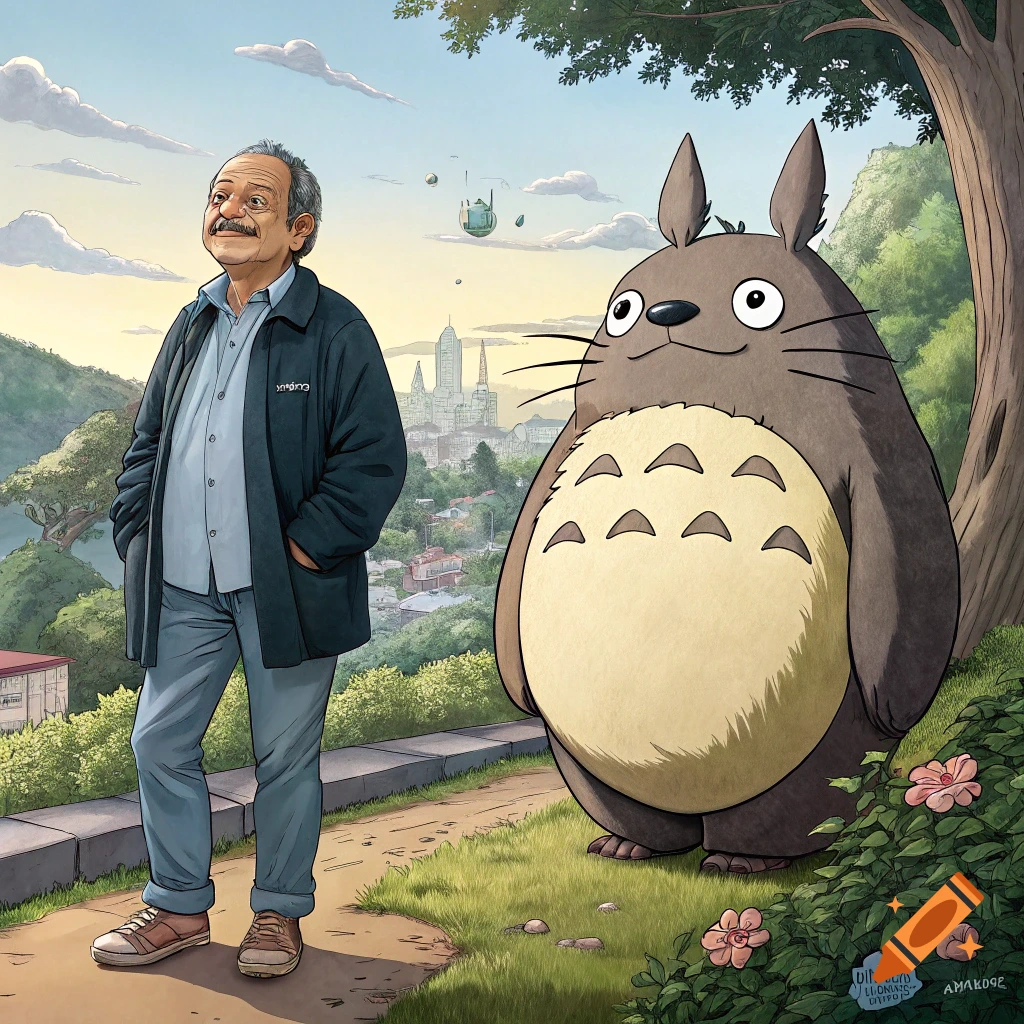 A man stands next to a large fuzzy creature in a park with a city behind them, in Studio Ghibli style.