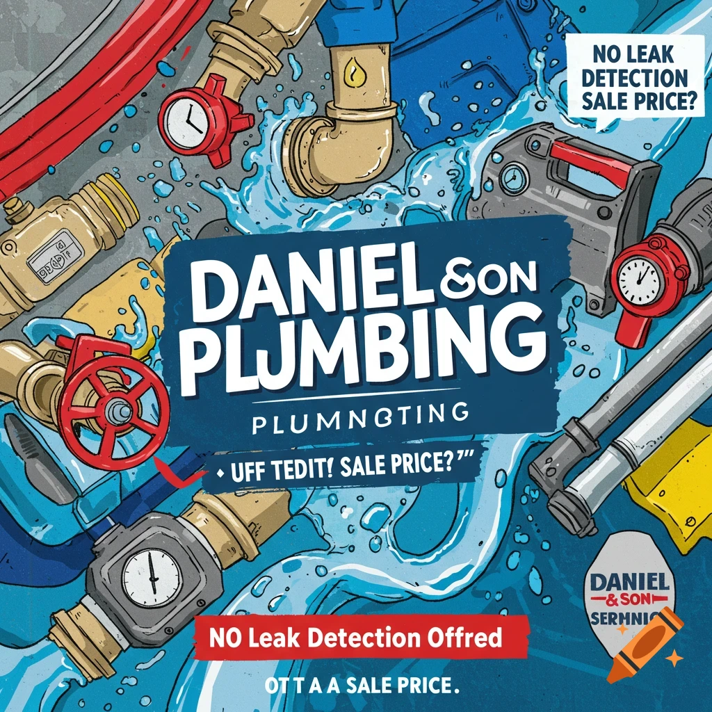 Illustration of plumbing pipes, valves, and a tool with text for Daniel & Son Plumbing.