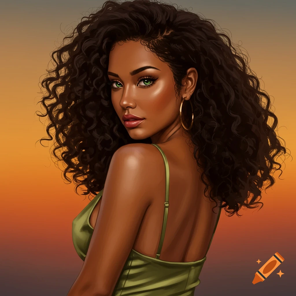 A woman with curly hair and green eyes is looking over her shoulder.