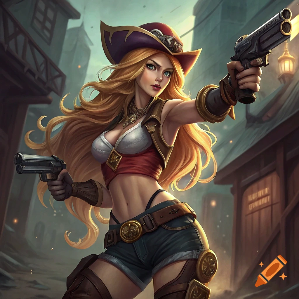 Blonde woman in pirate hat and outfit holding two pistols in an alley