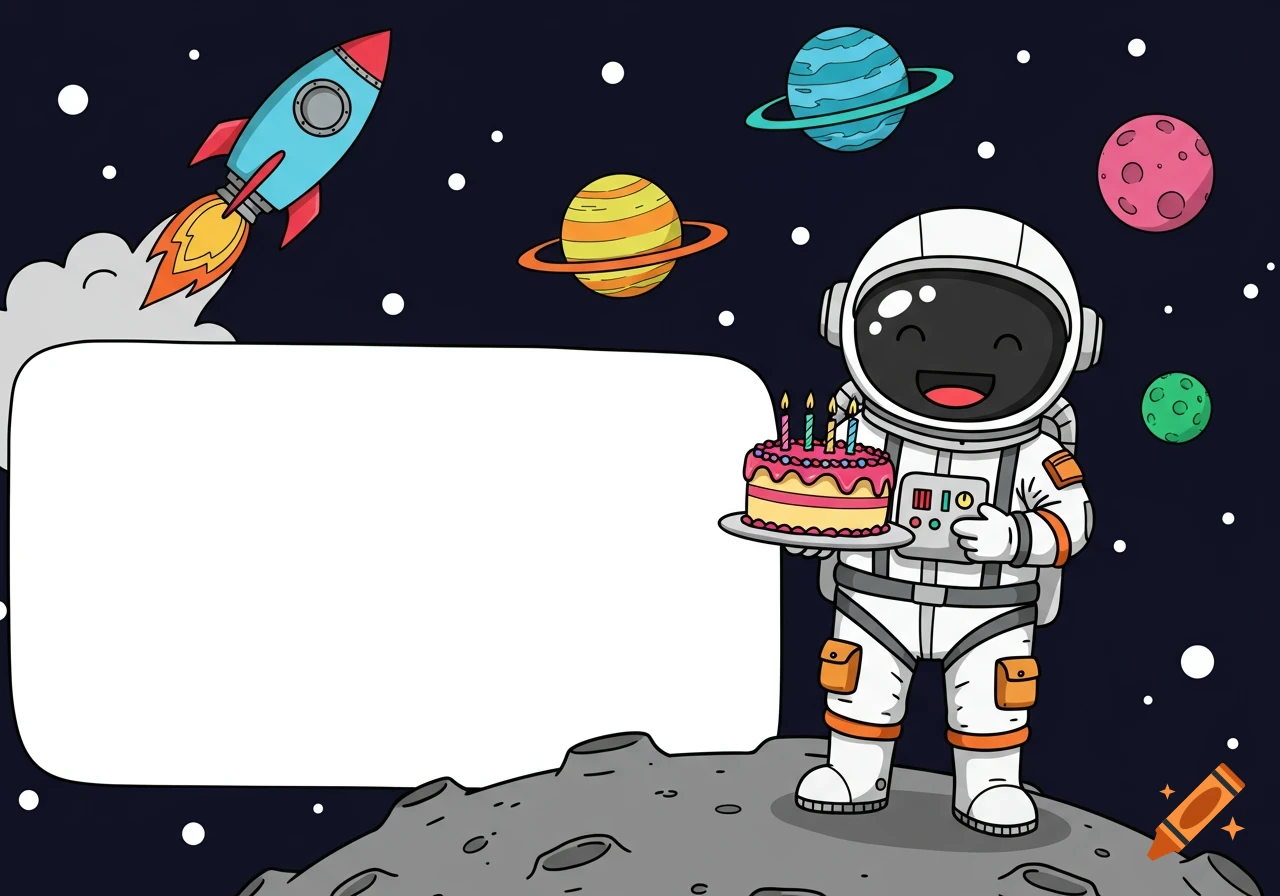 Cartoon astronaut on the moon holding a birthday cake, with rocket, planets, and space for text.