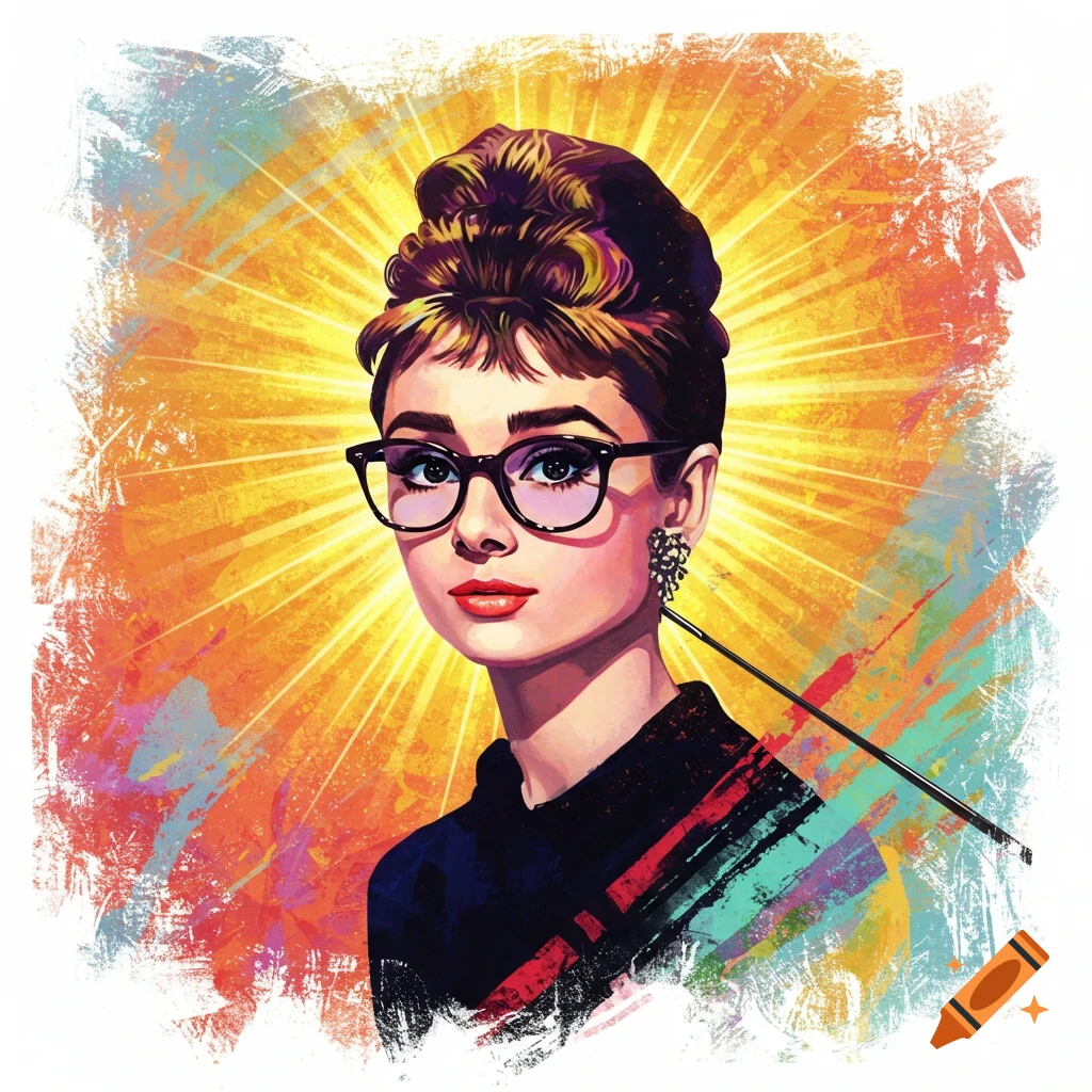 Portrait of Audrey Hepburn wearing glasses with a bright, colorful background.