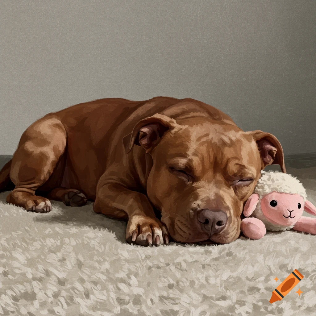 A sleeping brown pit bull lies on a rug next to a pink lamb stuffed animal.