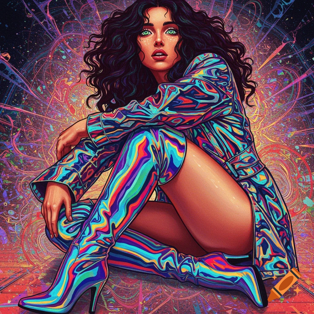 Woman in iridescent rainbow boots and jacket, sitting in a psychedelic background.