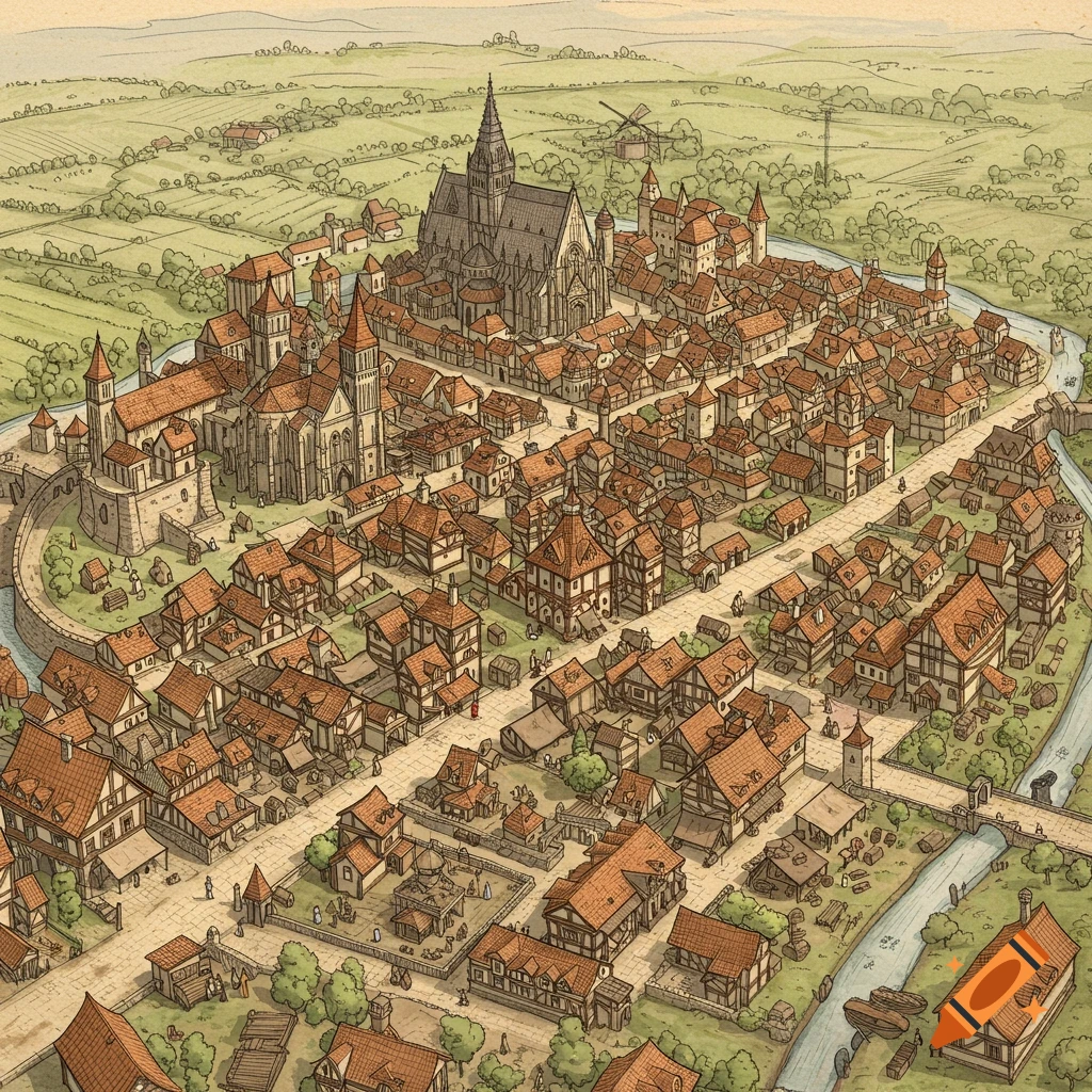 A detailed bird's-eye view illustration of a medieval fantasy city in ink and paper style.