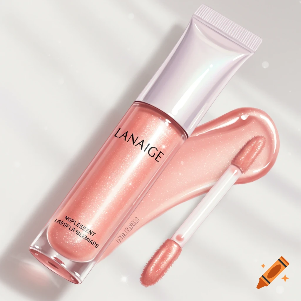 A pink lip gloss tube, applicator, and swatch.