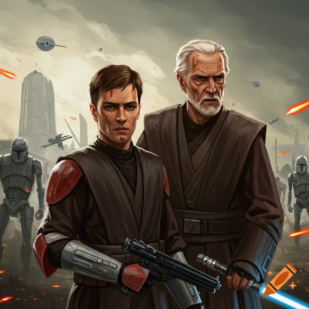 A younger and older warrior fighting droids in a battle scene.