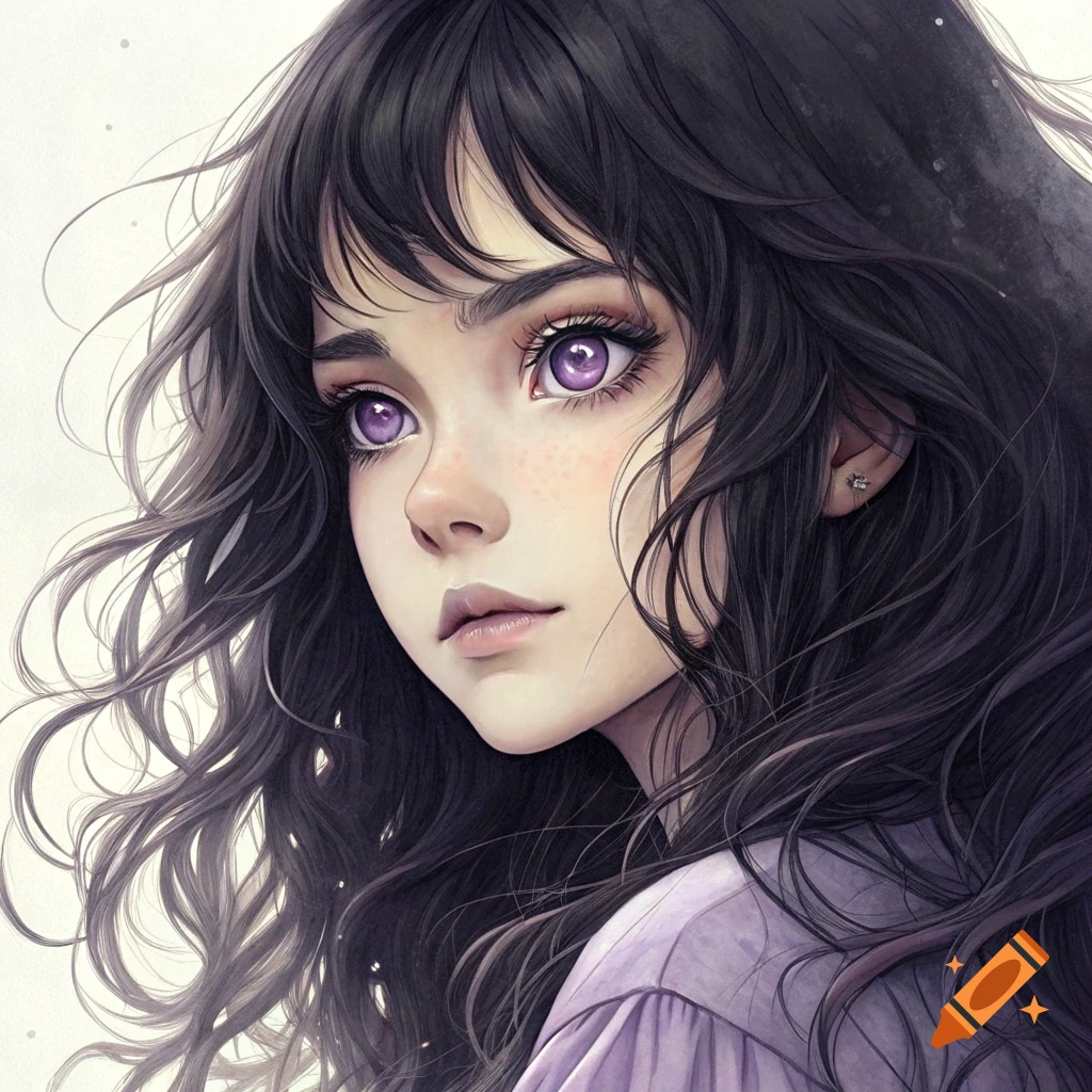 Close-up of a girl with wavy black hair and purple eyes.