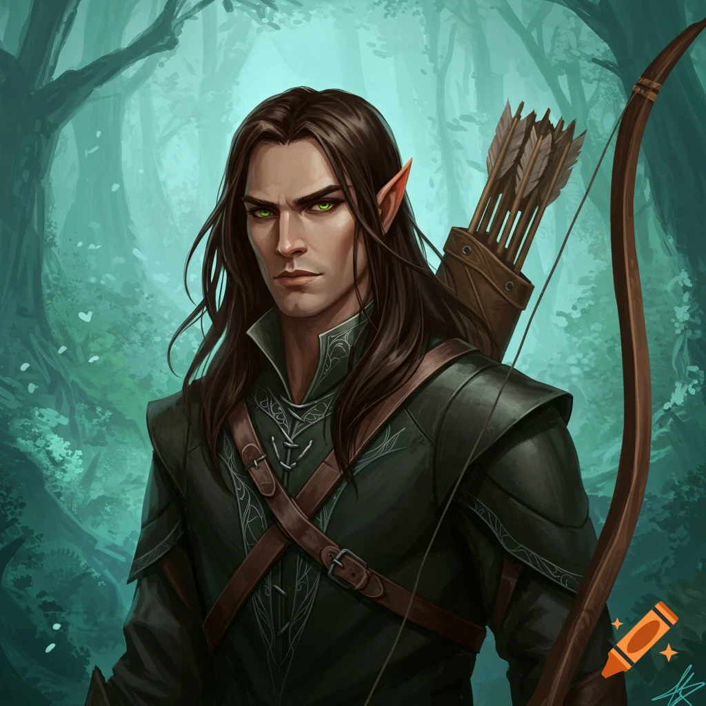 A male elf with long brown hair and green eyes stands in a forest, carrying a bow and quiver.