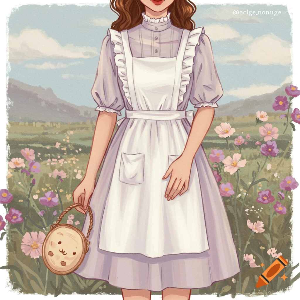 Drawing of a woman in a vintage dress and apron in a field of flowers.