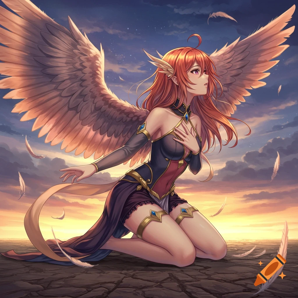 Anime character with large wings kneeling on cracked ground at sunset.