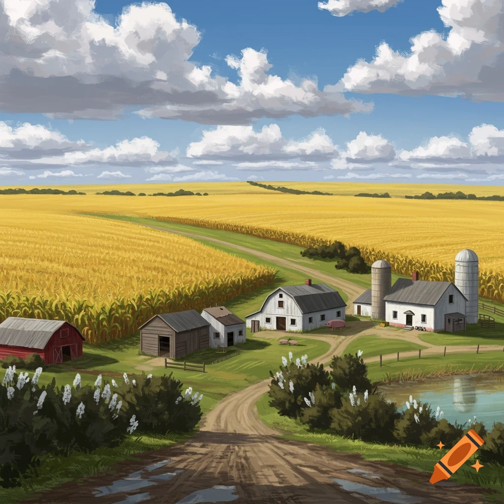 A farm scene with barns, silos, and a pond, surrounded by vast golden fields under a cloudy sky.