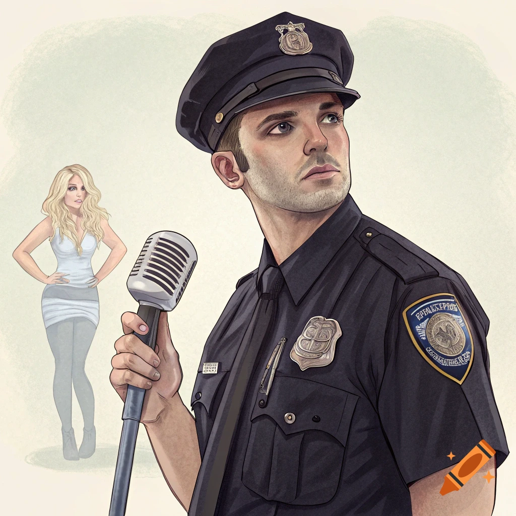 A stylized illustration of a police officer holding a microphone, looking away, with a blurry woman standing behind him.