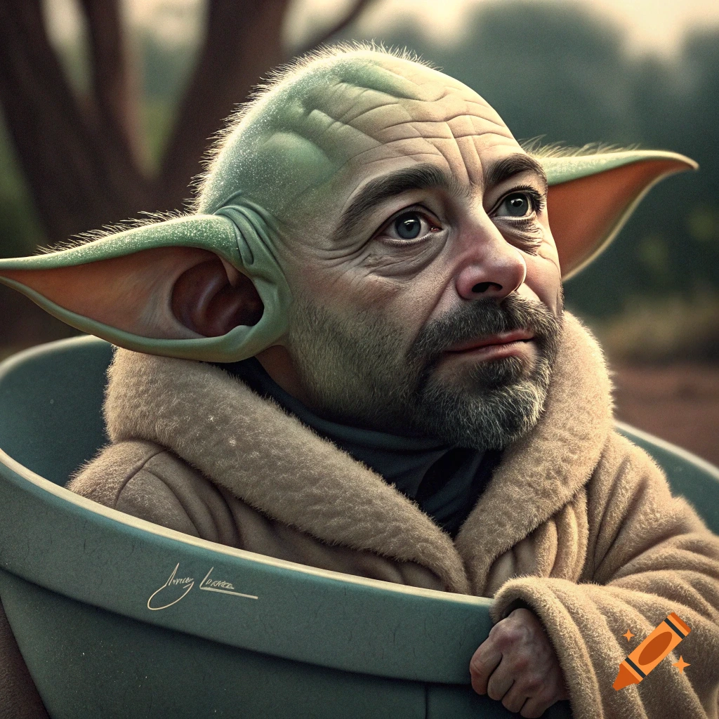 Photorealistic portrait of a being with green skin, large ears, and beard sitting in a pot.